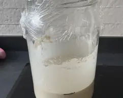 Step <p>PREFERMENTO</p><p>Añadir en un bote 300g de agua, la harina de centeno y la levadura seca</p><p>mezclar con una cuchara de madera y esperar que doble el volumen </p> illustration